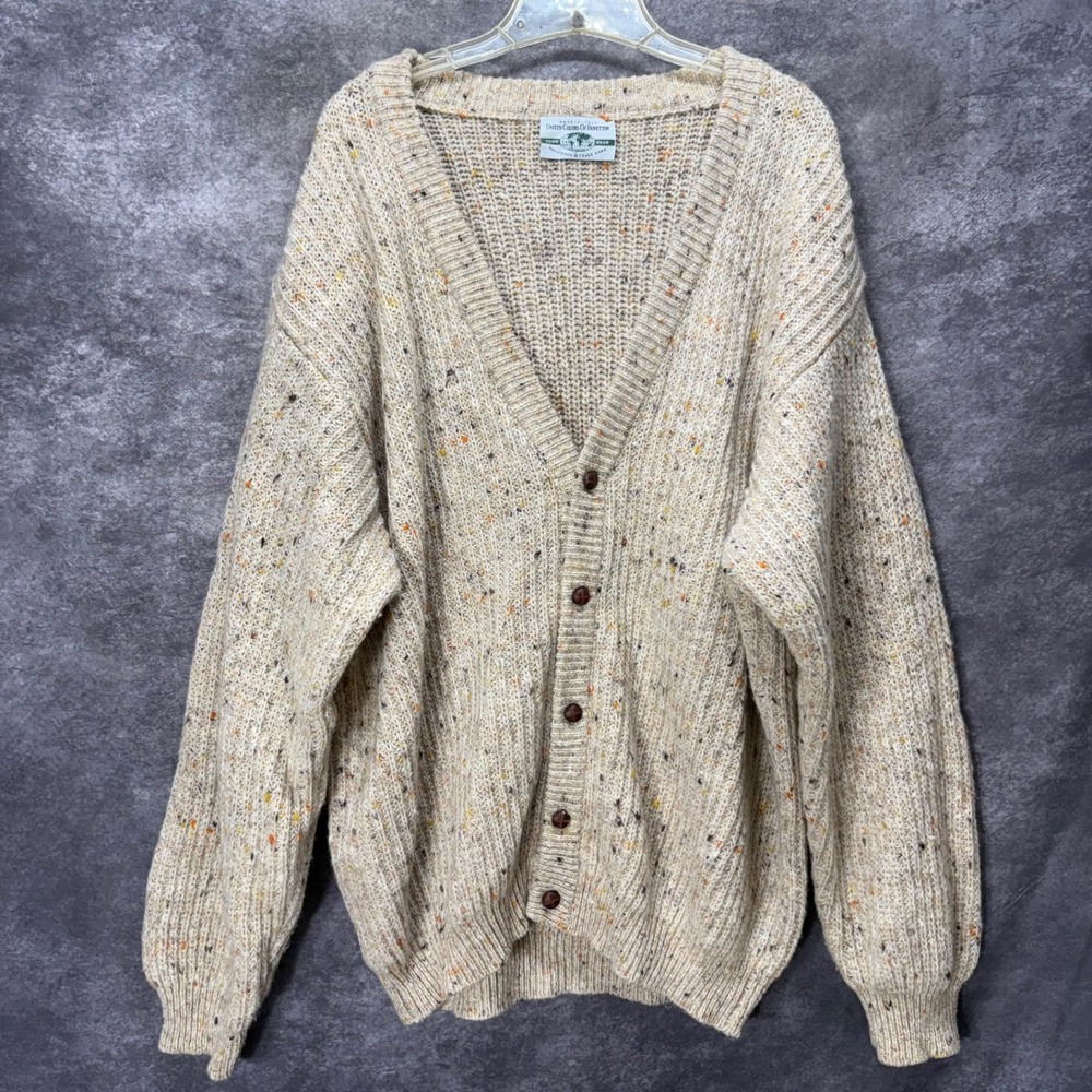 VTG United Colors of Benetton 100% Wool Cardigan Mens 52 Donegal Rainbow Flecked